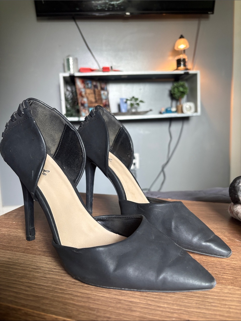 Qupid Black Pointed D'Orsay Stiletto Heels